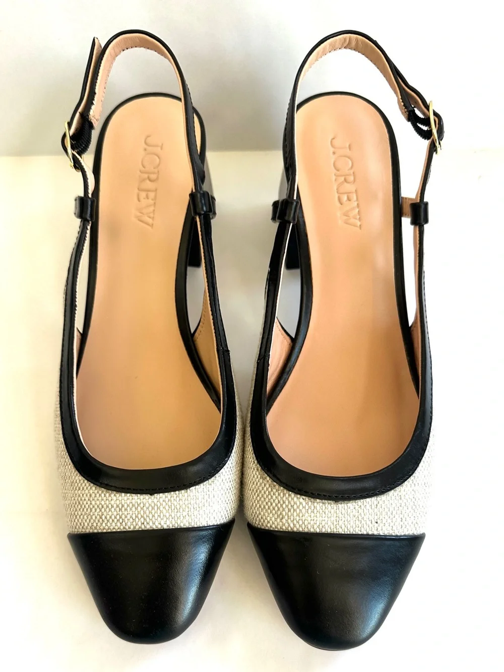 J.CREW MILLIE CAP-TOE ITALIAN LINEN/LEATHER BLOCK HEEL SLING BACK SHOES NEW Sz10